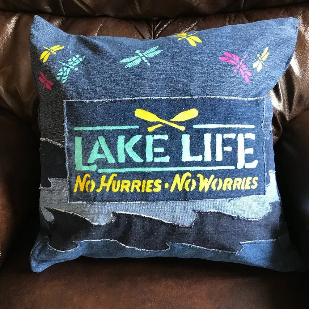 Lake House Pillow Cover 18 x 18, Lake Life Theme Cabin Decor Waves Dragonflies
